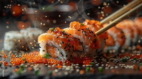 Delicious Salmon Sushi with Sesame Seeds and Tobiko photo