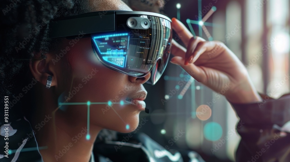 Woman Wearing Futuristic Augmented Reality Glasses Woman Wearing Futuristic Augmented Reality Glasses