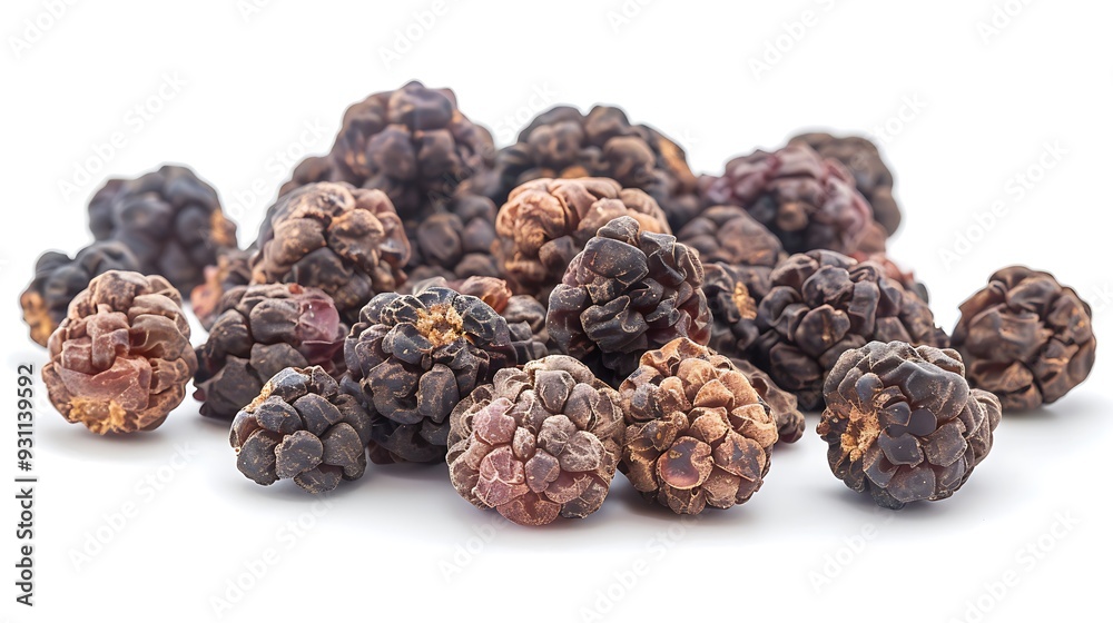 Close-up of dried mulberries with their intricate texture on a white background. Close-up of dried mulberries with their intricate texture on a white background.