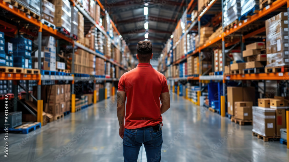 A man in a red shirt observes inventory in a large warehouse aisle, ensuring accuracy and organization within the logistics center.