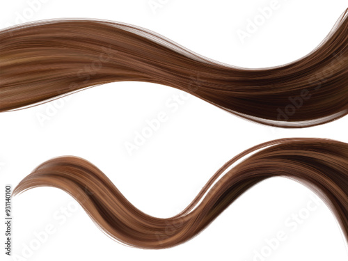 Long brown hair strand lock. Realistic 3d vector illustration set of waved smooth shiny female ponytail for shampoo and conditioner design. Strong healthy brunette curls for care and beauty concept.