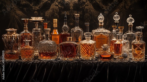 Premium boutique spirits arranged on a black velvet cloth, accented by gold and silver tones, exclusive spirits display, opulent and rare
