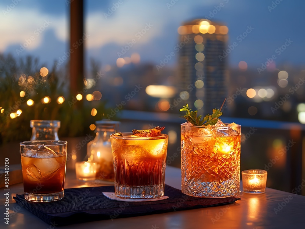 Rooftop bar with panoramic city views, assorted cocktails glowing under ...