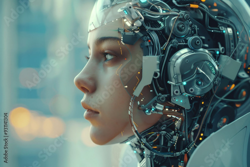 Futuristic cybernetic human: A close-up image of a humanoid figure with advanced robotic and cybernetic enhancements, blending human features with intricate mechanical components. This image represent