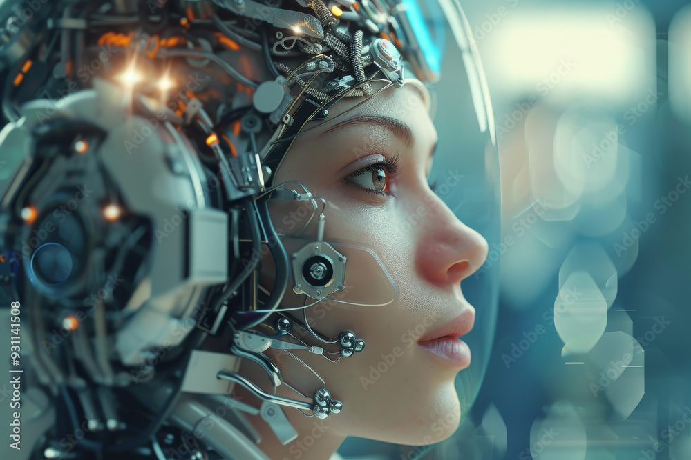 Futuristic cybernetic human: A close-up image of a humanoid figure with advanced robotic and cybernetic enhancements, blending human features with intricate mechanical components. This image represent Futuristic cybernetic human: A close-up image of a humanoid figure with advanced robotic and cybernetic enhancements, blending human features with intricate mechanical components. This image represent