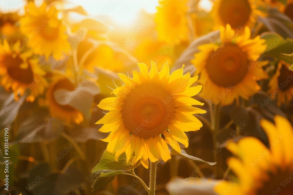 Fototapeta premium Endless field of sunflowers illuminated by the sun, harvest and agricultural business concept