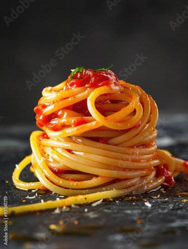 Spaghetti or pasta bolognese in tomato sauce on a plate,