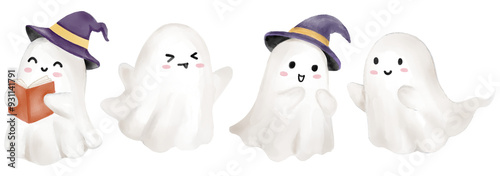 Watercolor painting halloween white ghost cartoon character