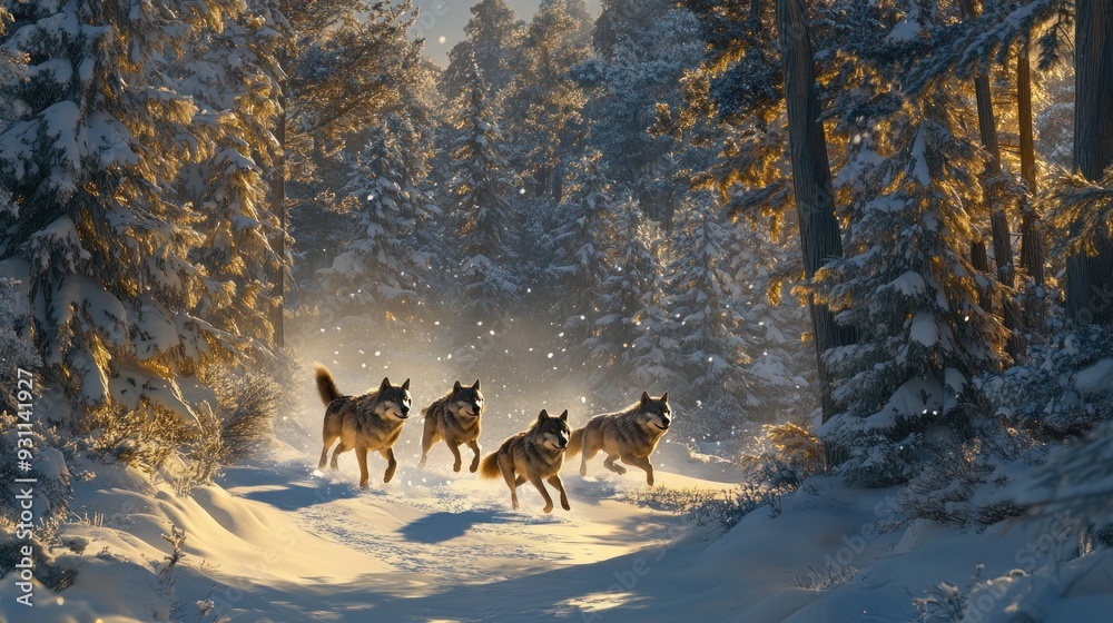 Naklejka premium Wolves in a Snowy Forest