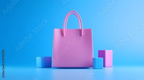 Vivid pink paper shopping bag against a blue background, surrounded by colorful blocks. Perfect for retail and shopping themes.