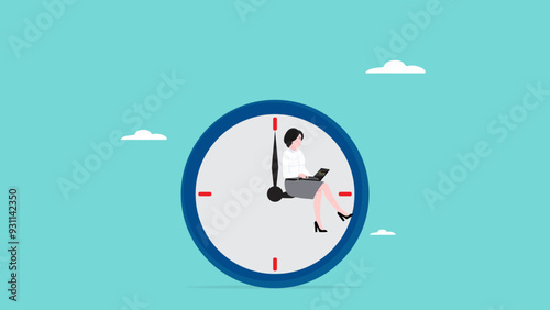 time management, work productivity time, efficiency multitasking with time management, time management to increase work productivity, businesswoman sitting on big wall clock while working with laptop