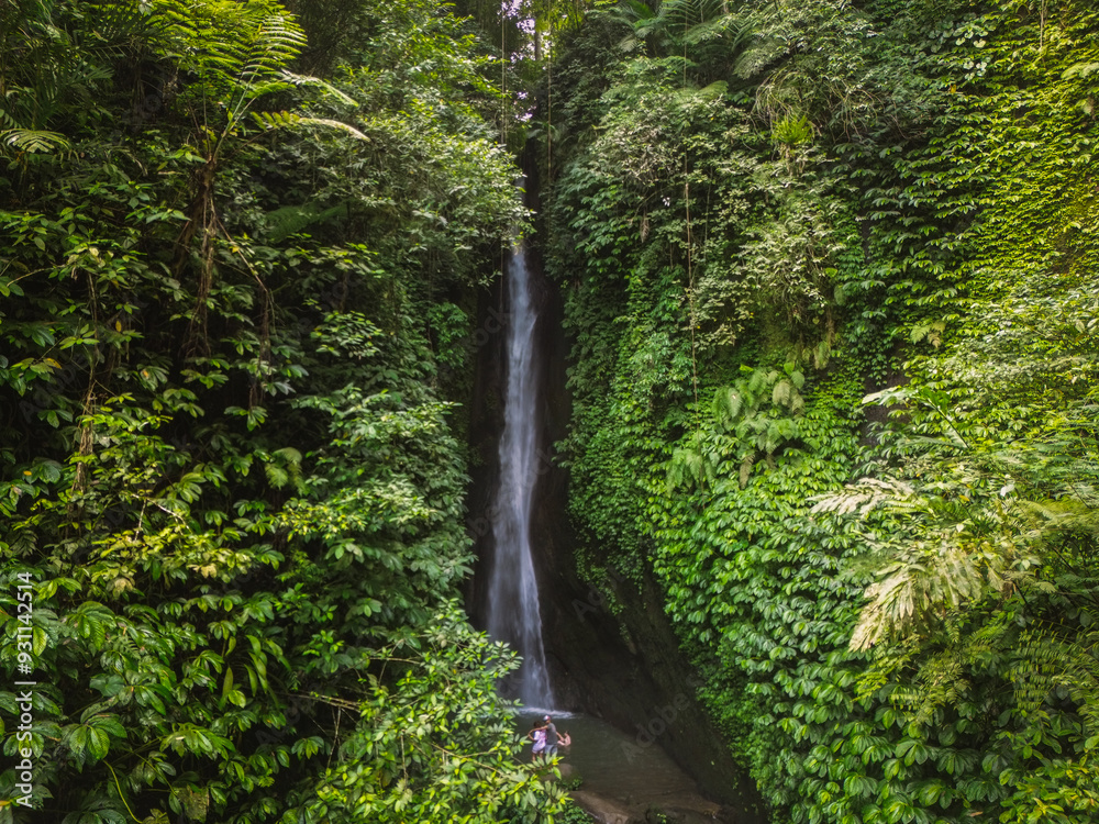 Aerial drone view of Leke leke waterfall in Tabanan, Bali, Indonesia Aerial drone view of Leke leke waterfall in Tabanan, Bali, Indonesia