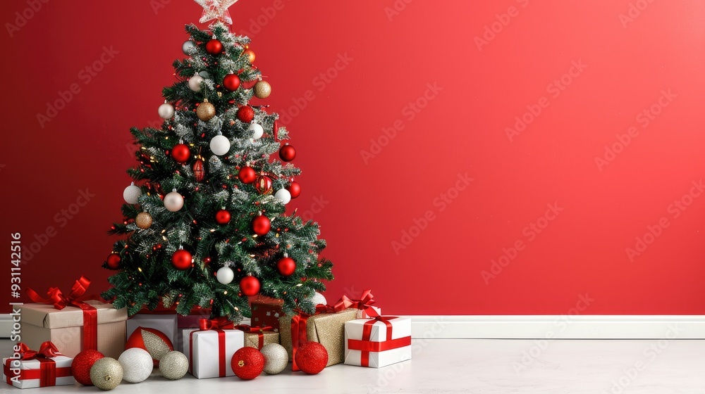 Christmas Tree with Presents in Front of a Red Wall Christmas Tree with Presents in Front of a Red Wall