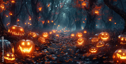 Dark forest with glowing pumpkins and orange mist, Fantasy, with copy space for text. Generative AI.