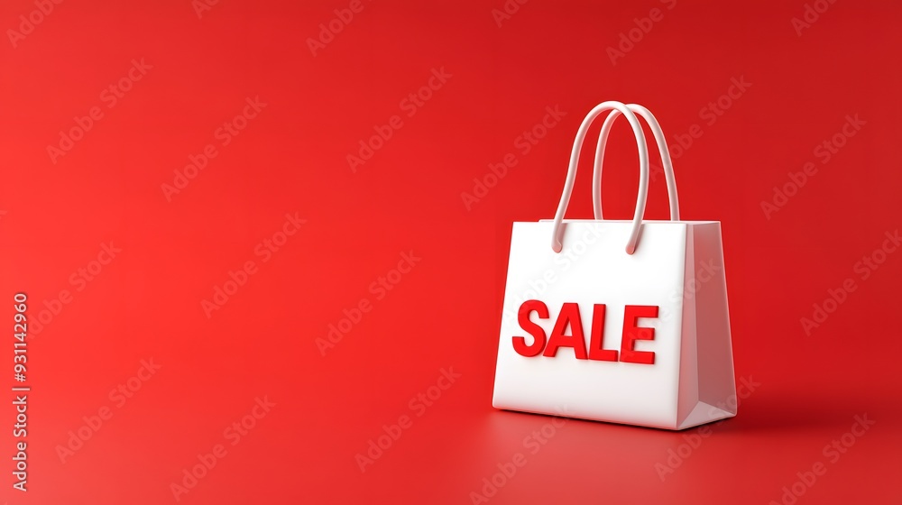 White shopping bag with 'SALE' text on a red background, ideal for promotions, discounts, and commercial advertisements, isolated, 3D rendering.