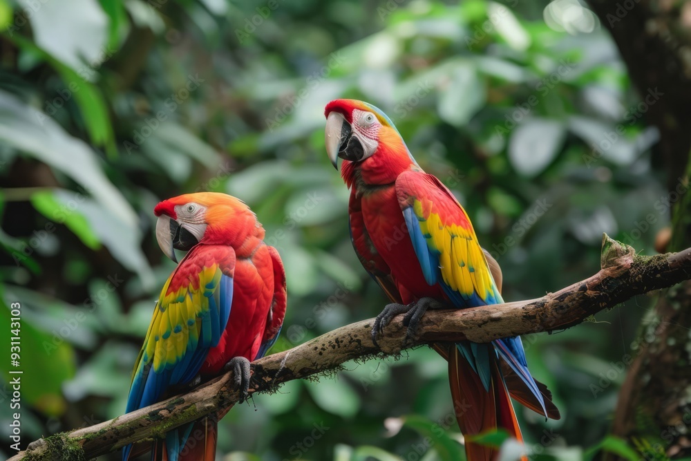 Obraz premium A pair of colorful parrots perched on a tree branch in a dense jungle, detailed feathers, vibrant colors 