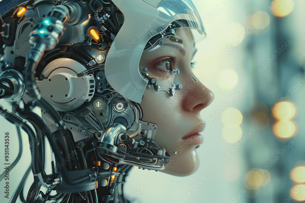 Futuristic cybernetic human: A close-up image of a humanoid figure with advanced robotic and cybernetic enhancements, blending human features with intricate mechanical components. This image represent Futuristic cybernetic human: A close-up image of a humanoid figure with advanced robotic and cybernetic enhancements, blending human features with intricate mechanical components. This image represent