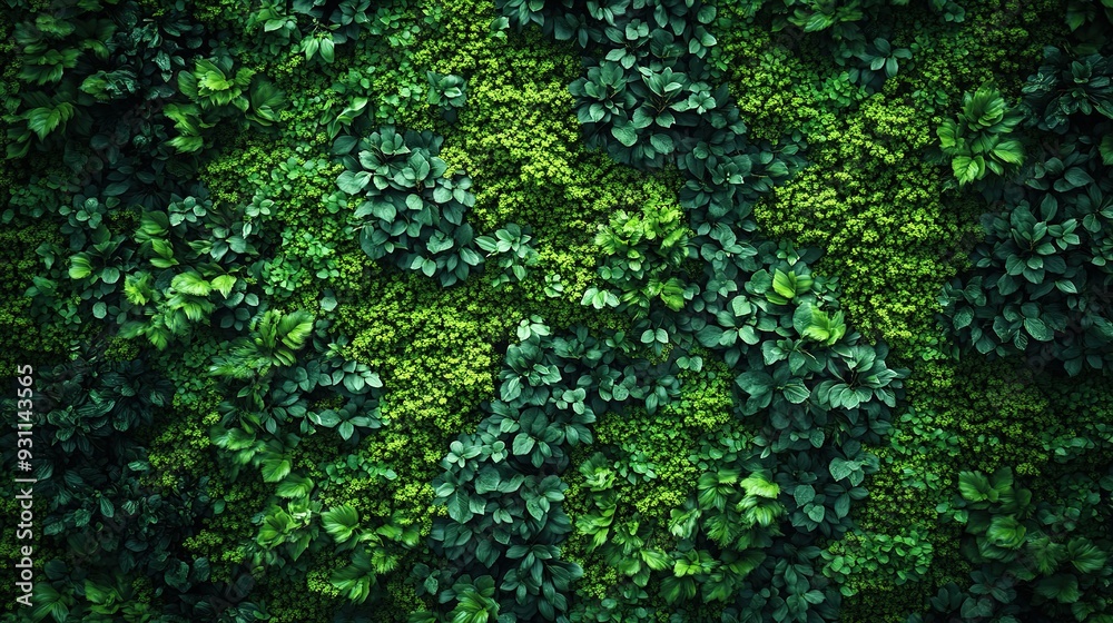Lush Green Foliage Wall with Varied Leaf Shapes and Textures