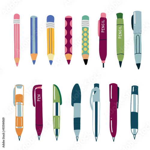 Back to school, collecting pencils and pens. Hand drawn vector illustration isolated on white background.