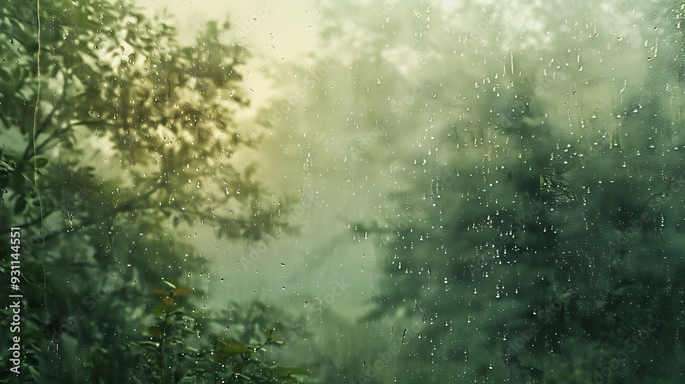 Raindrops on a Window with Green Trees in the Background Raindrops on a Window with Green Trees in the Background