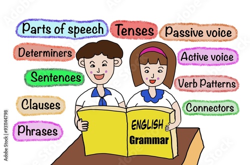 Hand drawn picture of students, boy and girl are reading English Grammar book with topics of grammar. Illustration for education. Concept, English grammar teaching lesson. Teaching aid.  