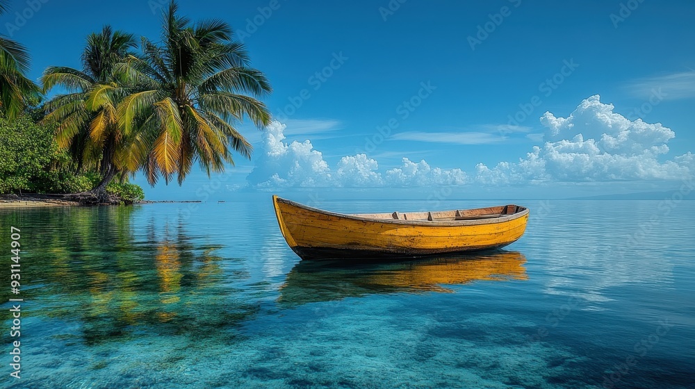 Serene Tropical Island Scene with Yellow Rowboat on Clear Blue Water - Tranquil Beach Landscape Serene Tropical Island Scene with Yellow Rowboat on Clear Blue Water - Tranquil Beach Landscape