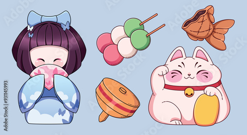 Traditional Japanese New Year elements set - good luck talisman maneki neko cat, kokeshi doll of geisha in blue kimono with fan, taiyaki fish shaped cookie, spinning top koma toy, dango on skewer.