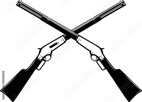 Illustration of winchester rifle in monochrome style. Design element for logo, label, sign, poster.