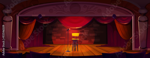 Cartoon theatre stage for comedy stand up comic or singer concert performance. Vector showtime and contest scene with red open velvet curtain and spotlight, stool chair and microphone on wooden floor.