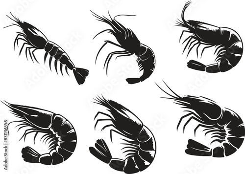Set of shrimp silhouette vector illustrations 