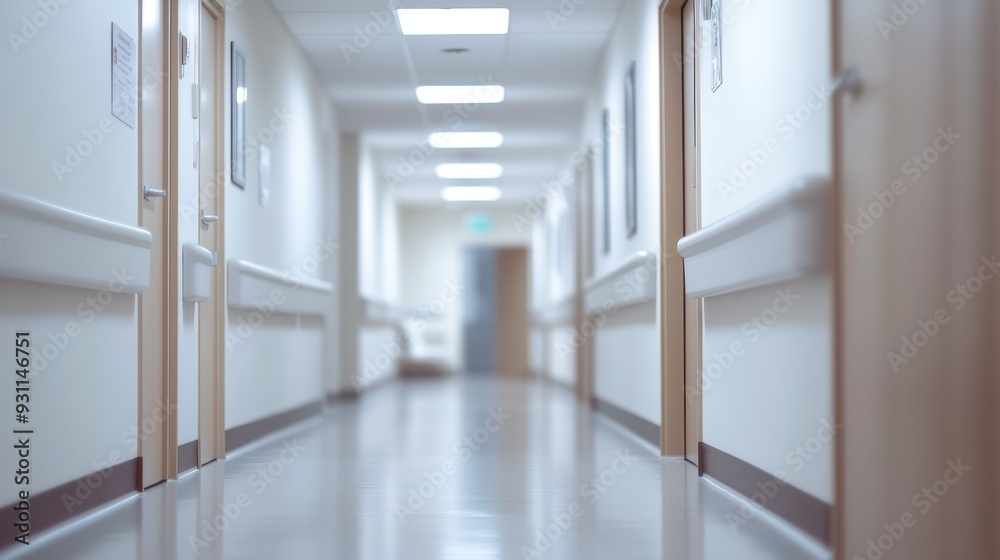 A clean, well-lit hospital corridor with doors on either side. A clean, well-lit hospital corridor with doors on either side.