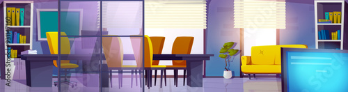 Modern office interior with boss room behind glass wall. Cartoon vector workplace desk with computer and conference table with chairs, sofa and cabinets with documents in folders, windows and plant.
