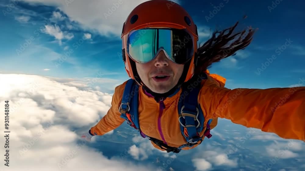 positive happy girl small parachutist in free fall blue sky positive happy girl small parachutist in free fall blue sky