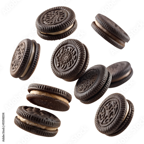 Floating Black Oreo Cookies in Air with No Background, White Background. Perfect for: Cookie Promotions, Snack Ads, Food Photography