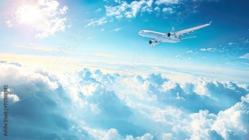 A jet plane flies above the clouds in a clear blue sky.