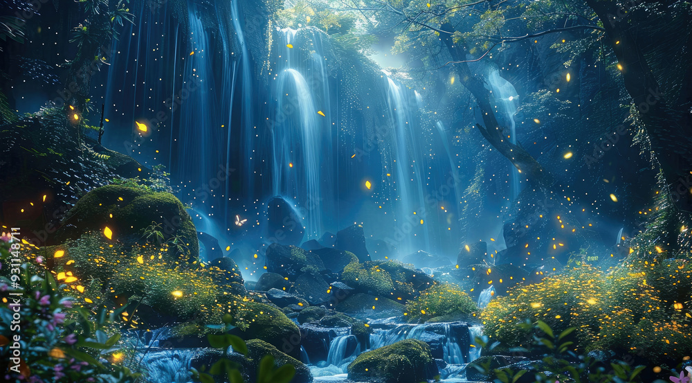 Fototapeta premium Ruins of ancient abandoned city overgrown with jasmine flowers in Cave in the forest with moss covered stones and fireflies and waterfall and blue glowing particles in the air. Generative AI.