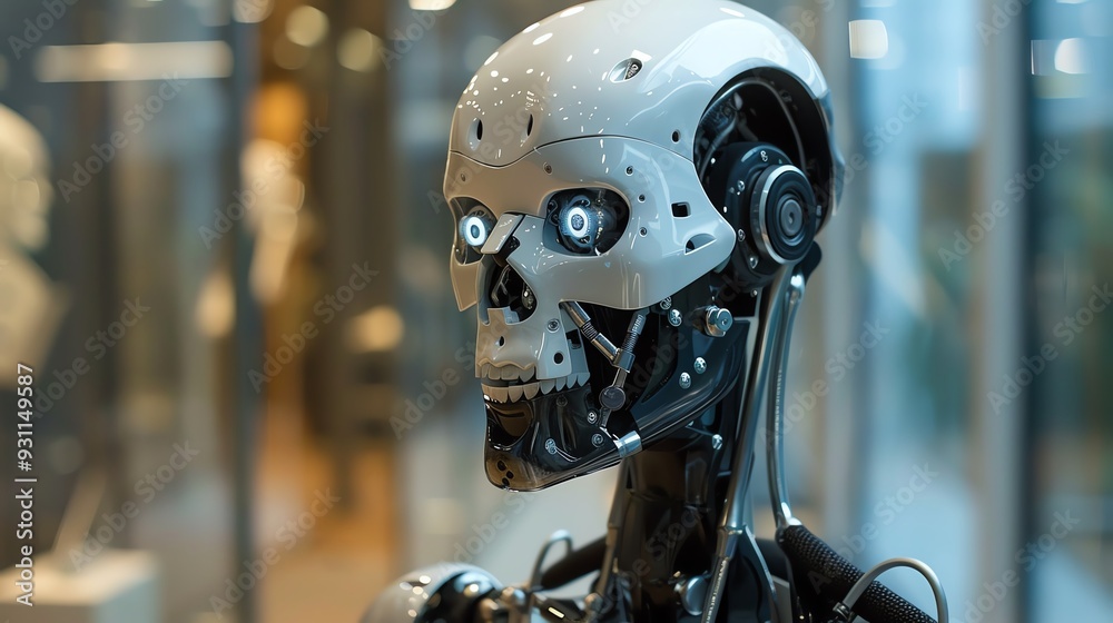 Close-up of a detailed humanoid robot with exposed mechanics, showcasing advanced technology in robotics and artificial intelligence. Close-up of a detailed humanoid robot with exposed mechanics, showcasing advanced technology in robotics and artificial intelligence.
