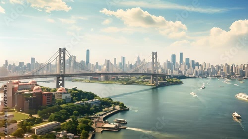A massive bridge extends across a vast expanse of water, offering a seamless connection between landmasses, View of Tokyo Bay, Rainbow Bridge, and Tokyo Tower landmark