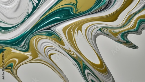 Abstract liquid art with swirling colors. Green, gold, and white paint create a fluid design.