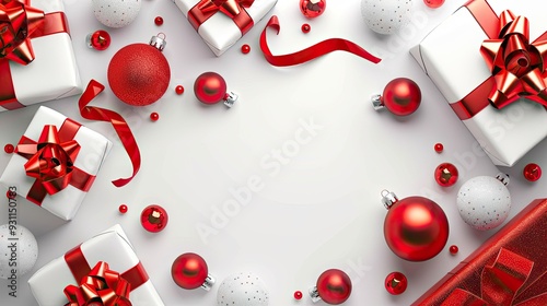 Christmas Decorations: Red and White Presents and Ornaments photo