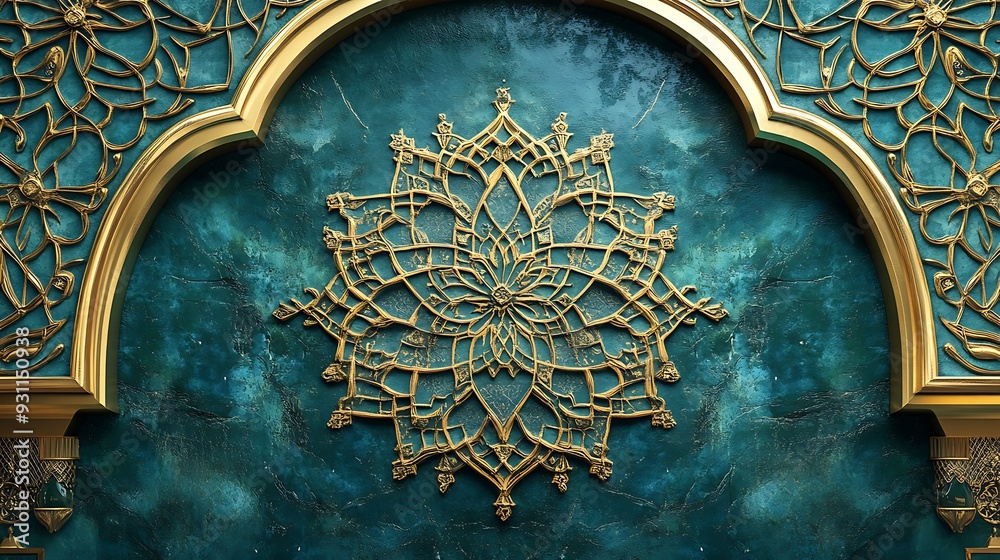 Golden Floral Mandala on a Teal Background Golden Floral Mandala on a Teal Background