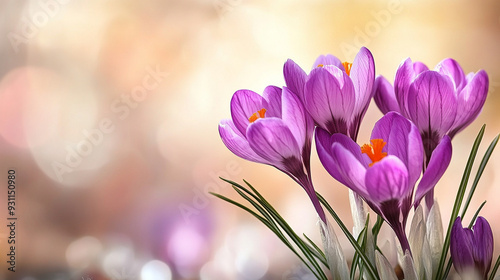 purple crocus flowers basking in sunlight, symbolizing renewal, hope, and the arrival of spring, creating a picturesque and uplifting scene