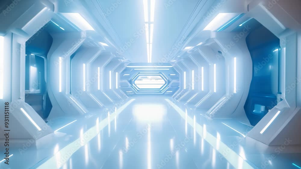Futuristic blue tunnel corridor with glowing lights, 3d rendering, 3D rendered illustration of an empty illuminated spaceship corridor