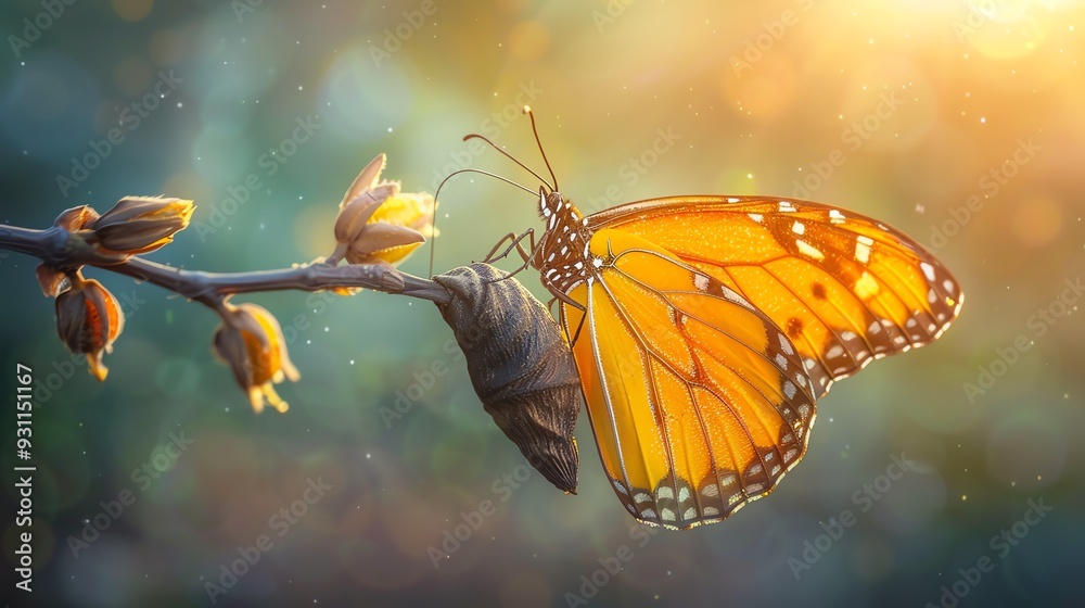 A monarch butterfly emerging from its chrysalis on a branch with buds, bathed in warm sunlight. A monarch butterfly emerging from its chrysalis on a branch with buds, bathed in warm sunlight.