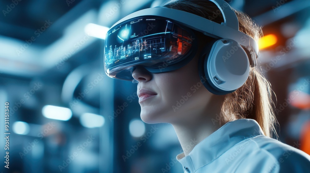 A maintenance worker using augmented reality to perform repairs in a futuristic warehouse. A maintenance worker using augmented reality to perform repairs in a futuristic warehouse.