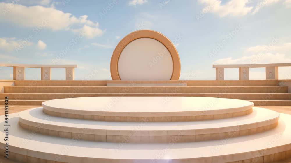 3d render of round podium with blue sky and white clouds background, 3D rendering of a podium platform 3d render of round podium with blue sky and white clouds background, 3D rendering of a podium platform