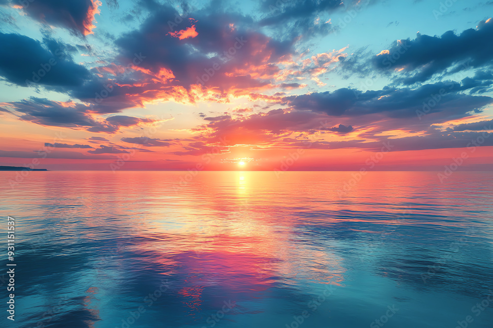 Panoramic view of a wideangle sunset over the ocean, vibrant colors reflecting on calm waters, highdefinition, breathtaking and serene scene Panoramic view of a wideangle sunset over the ocean, vibrant colors reflecting on calm waters, highdefinition, breathtaking and serene scene