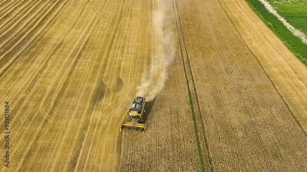 Aerial view of a combine harvester working in a vast wheat field, leaving a trail of dust as it harvests the crop. Aerial view of a combine harvester working in a vast wheat field, leaving a trail of dust as it harvests the crop.