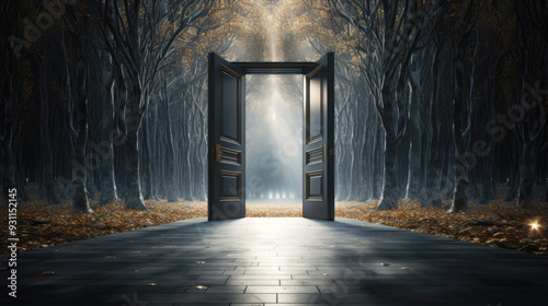 generated illustration of Fantasy door frame in woods door in forest Mystical entrance