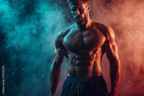 muscular man stands in front of a blue background with a smoky haze. He is posing for a photo, showcasing his impressive physique. Concept of strength and confidence